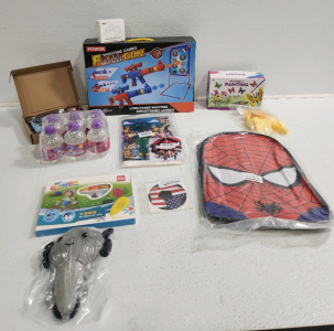 Foam Gun, Gift Box, Chubby Drinks, Butterfly Painting, Crayons, Stickers, Plush Toy, Spiderman Backpack, And More