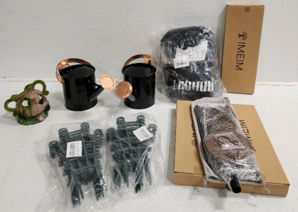 (2) Watering Cans, (4) Memorial Wind Chimes, Garden Hose, Garden Decor, (2) Garden Plant Trellis