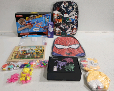 (2) Backpacks, (2) Plush Toys, Barbie Accessories, Dinosaur 3D Lamp, Foam Gun, Puzzle, Stress Ball, Frozen Mask