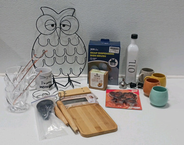 Whiskey Glasses, Mugs, Dish Brushes, Food Scrapers/ Cutters And Other Kitch Items