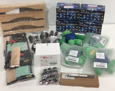 (4) Cute Anime Dog Squeaky Toys (6) Car Cigarette Lighter Adapters (2) Active Pens For X1 Tablets (3) Cileypia Wax Kits (1) Bamboo Aluminum Foil Dispenser (4) Boxes of (70) LED Christmas Lights And Much More!!
