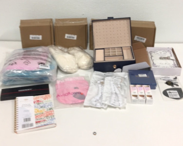 (1) Housen Bathroom Floor Mat 66&rdquo;x72&rdquo; (2) Pearl like Costume Jewelry Sets (1) Uslady size 5-6 Slippers (4) Grease Traps (3) Joah Crystal Glow Luminizer Sticks and More!!