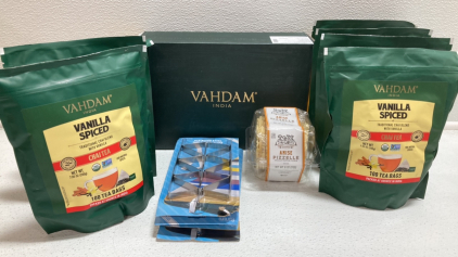 Vahdam Tea Variety Box, (7) Vanilla Spiced Chai Tea Bags, Anise Pizzelle Waffle Cookies, (4) Tablecloth Clips