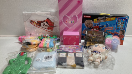 Doll, Foam Gun, Wireless Kids Headphones, Fidget Toys, Reusable Water Balloons, Thanos Figure, Stuffed Toys, Rubber Bracelet Kit, 3-5yr Socks and more