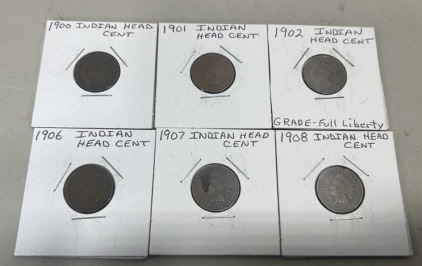 (6) Indian Head Pennies 1900-1908