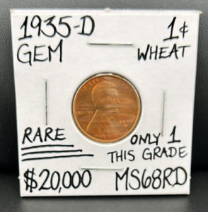 1935-D MS68RD Rare Gem Wheat Copper Penny