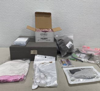 (1) Grey Jewelry Box, (1) Set of Leaf Nail Decorations, (2) Tanning Gloves, (1) HH&LL Hair Claw Clips Pack of 4, and more!