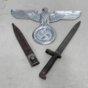 (1) German Insignia Wall Art, (1) German WWII M38 Mauser Bayonet W/ Scabbard