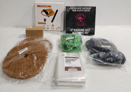 Mushroom Growing Bags, Mouse Trap, Hanging Self Watering Pot, (2) Garden Hoses, String Lights, (2) Hanging Plant Inserts