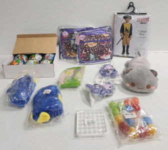 (2) Lunch Pales, (5) Stuffed Animals, Dinosaur Painting Eggs, Patriot Boy Costume, Fidget Toy, Balls, Masks