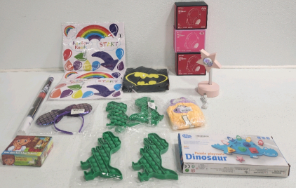 (3) Children's Headphones, (4) Dinosaur Fidget Toys, Dinosaur Puzzle Playmates,(2) Rainbow Stickers, Batman Cape And More