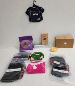(6) Pet Jackets (Size S/M) Knitted Pet Sweater, Pet Shirt, Seahawks Pet Jersey, Leash, Grooming Brush, Cat Scratch Tape, Chicken Feeder