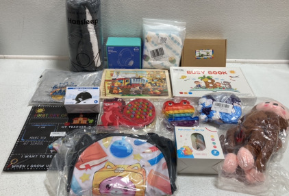 Wireless Kids Headphones, Bibs, Fidget Poppers, Backpack, Blanket, Puzzles, and more