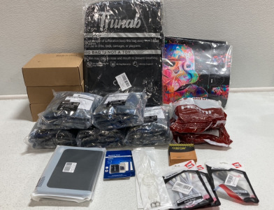 PS5 Carrying Case, (2) PS4 Skins, (3) VR Controller Attachments, (5) PCIE Risers, (2) HDMI Cables, (2) iPad Mini 6 Cases, (2) Memory Cards, (2) AirTag Bands, (2) Camera Lens Adapters, (3) Lightening to Aux Cords