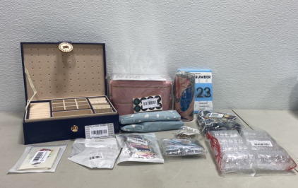 (1) Dark Blue Jewerly Box, (1) Pack of House Numbers, Packs Of Stickers, and more