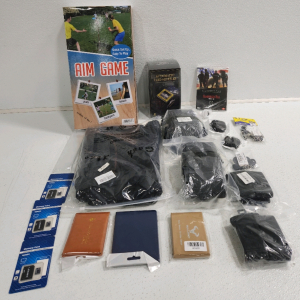 Aim Game, (4) Memory Cards,Wallet, Automatic Card Shuffler, Hamburger Hill Movie, (2) Bike Saddle Bags