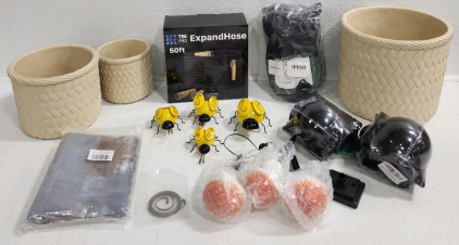 (3) Flower Pots, (2) Garden Hoses, Mushroom Lights, (4) Decorative Bumble Bees, Outdoor Pillow Cases, And More