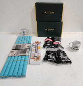 (2) Packs Of Placemats, (4) Easy Candy, Danish Dough Whisk, (2) Coffee Mugs, (2) Vahdam Tea Sets