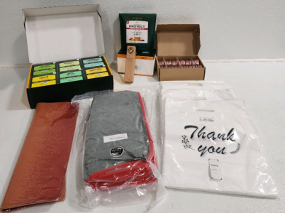 Vahdam Assorted Tea, Placemats, Mircofiber Cloths, (4) Packs Of Grocery Bags, Measuring Spoon, Spice Containers