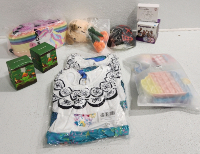 (2) Encanto Play Dresses, (2) Dragon Toys, Unicorn Swim Vest; Plush Toy, Mask, Fidget Toys, Flynova, Mitten Teether