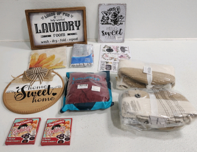 Home Sweet Home Sign, Laundry Room Sign, Pig Stickers, Pig Poster, (2) Vinyl Coaster Sets, (2) Hanging Baskets, Chair Covers, Shower Curtain And More