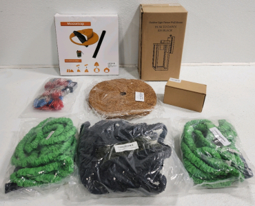 (3) Expandable Garden Hoses, Mousetrap, Handing Basket Inserts, Outdoor String Lights, Outdoor Light Fixture Wall Mount