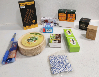 Wrap Dispenser, Mop, Tea, Propel, Can/Jar Opener, Wine Glass, Whiskey Glass, Palm Leaf Plates