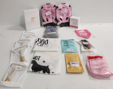 (6) Lint Rollers, Small Dog Sweater, (2) Dog Chest Bag, Pet Travel Water Bowl, Chew Toy, Collars And More
