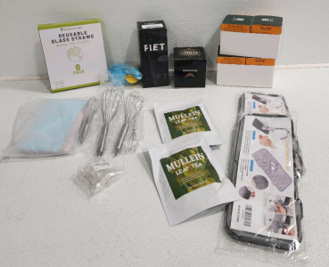 (4) Whiskers, (2) Mullen Leaf Tea, (4) Boxes Of Tea, Glass Straws, Wash Clothes, Whiskey Glass, Tumbler, Measuring Cups, (2) Sink Faucet Mats
