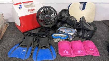 Swim Mask & Flippers, Working Fan, Cooler & Tote, Seat Cushion, Girl's Knee & Elbow Pads