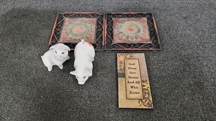 Three Ceramic Wall Hanging Decor & Two Glass Pigs For Decor