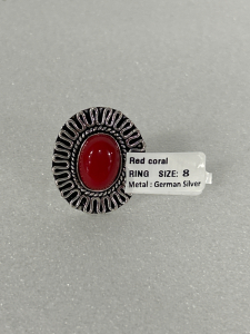 German Silver Red Coral Ring Size 8