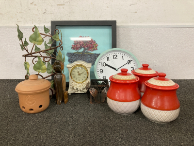 Framed Art, Clocks, Jars, Small Candle Holder, and More