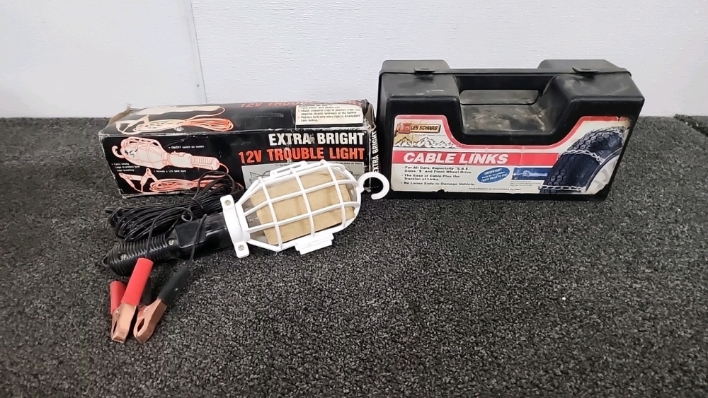 Extra Bright 12V Trouble Light & Les Schwab Cable Link Tire Chains