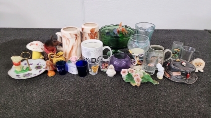 Large Collection Of Glassware Such As Shot Glasses, Glass Mugs/Steins, Glass Home Decor, & More