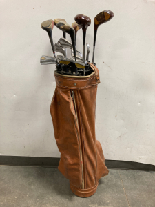 Vintage Leather Golf Bag With Clubs