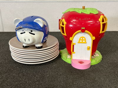 Set of 8 Dinner Plates, Pig Bank, and Kids Play Doll House