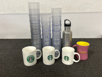 Plastic Cups, 3 Starbucks Mugs, Tweety Cup, and Water Bottle