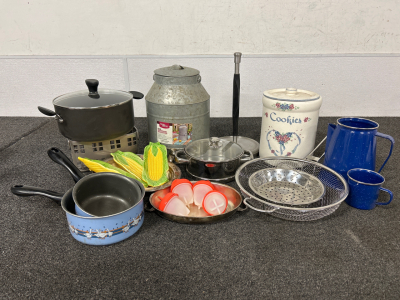 Kitchenware Including; Pots, Beverage Dispenser, Cookie Jar, Strainers and More