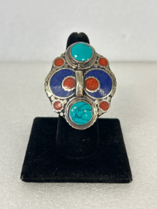 Beautiful Adjustable Tibetan Coral, Turquoise , and Lapis Ring