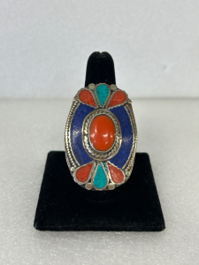 Beautiful Adjustable Tibetan Coral, Turquoise , and Lapis Ring