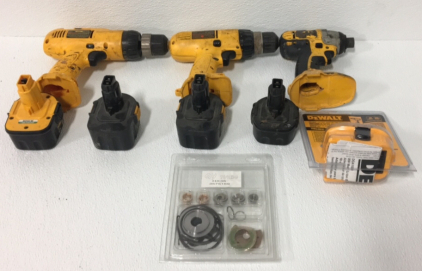 (3) DeWalt Battery Drills-(5) Dewalt Battrys and More