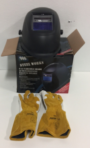 (1) Weldmark Steel Works 9-13 Variable Shade Auto Darkening Welding Helmet (1) Pair of Tillman Welding Gloves