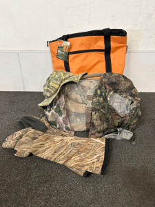 Camouflage Gear Including Bag, Gloves and Hats as well as A Thermal Tote