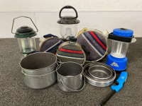 Assorted Camping Supplies Includes: Pots/ Pans, Lanterns and Canteens