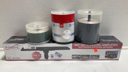 HDTV Digital Rotating Antenna, (3) Partial Cases of Blank DVDs