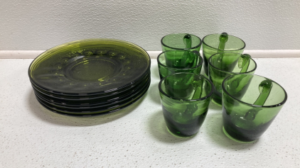 (6) Olive Green Glass Plates, (6) Green Glass Cups