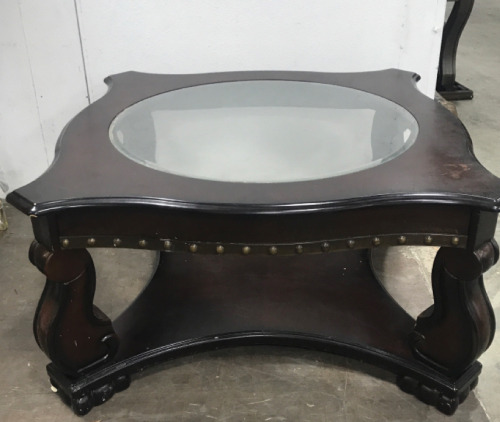 Dark Wood Coffee Table With Round Glass Center