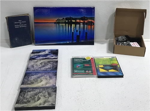 (4) Ocean Pictures, Labor Relations Book, Internet Security, DVD Laser Lens Cleaner, Hardware