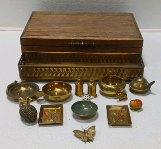 Silverware Case, Brass Decor Dishes, And Miniature Animal Figures
